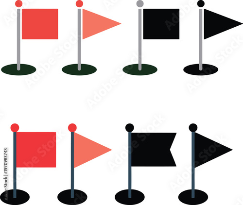 A group of flags on poles in different colors