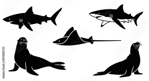 Marine Animals Silhouettes Set: Sharks, Seals, and Stingray Collection