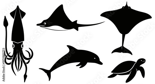 Marine Animals Silhouettes Set: Squid, Rays, Dolphin, and Sea Turtle Icons