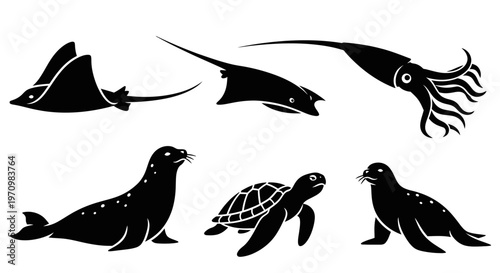 Marine Animals Silhouettes Set: Stingray, Manta Ray, Squid, Sea Turtle, and Seals