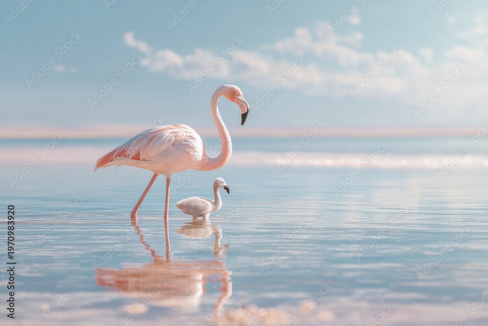 Fototapeta premium Pink flamingo with baby wading in calm shallow water