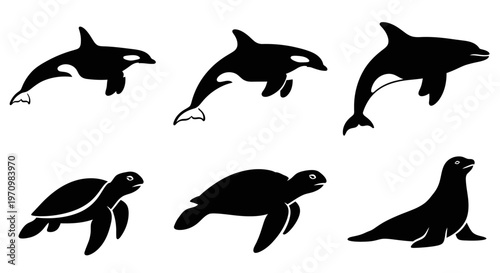 Ocean Wildlife Silhouettes: Orca, Sea Turtle, and Seal Vector Icons Collection