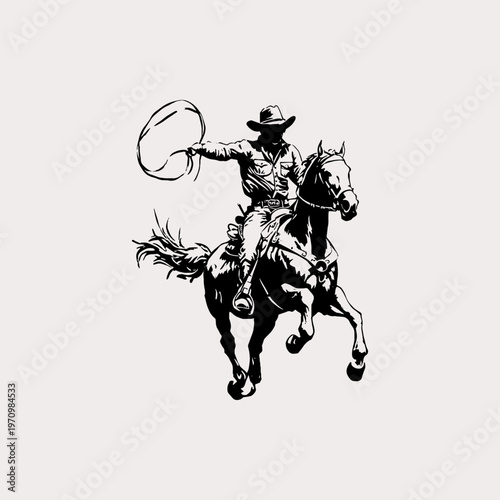 Cowboy riding horse and throwing lasso vector sketch