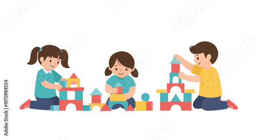 Three small children are sitting on the floor and creatively playing together with a set of brightly colored wooden building toy blocks.