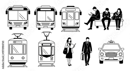Collection of Public Transport Vehicles and People in City.