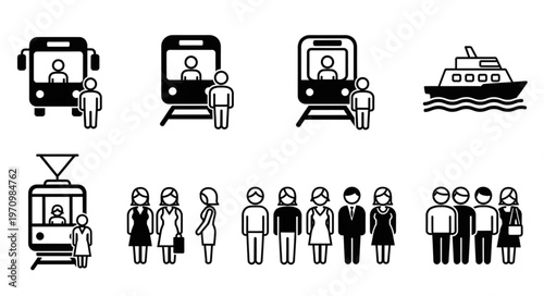 Collection of Public Transportation Icons and People Silhouettes.