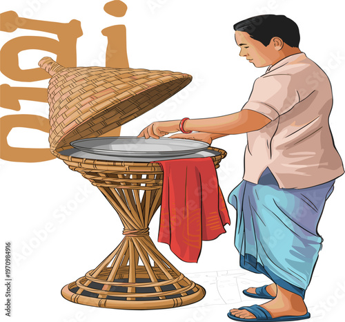 Assamese man with traditional horai and japi, cultural symbols of Assam India, flat vector illustration