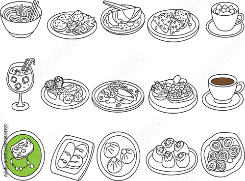 Asian food icon set with noodles, dim sum, dumplings, and traditional cuisine vector line art