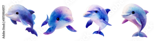 Hand painted watercolor dolphins in various happy poses, featuring a charming whimsical style with splashes of blue, purple, and pink on a white background