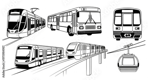 Collection of Public Transportation Vehicles in Sketch Style.