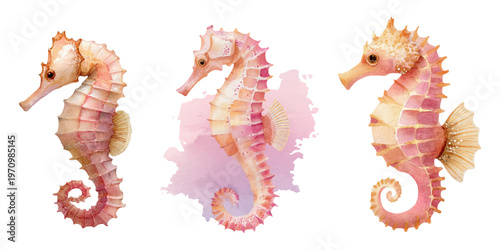 Three watercolor seahorses in shades of pink, orange, and peach, showcasing intricate ocean wildlife and delicate marine artistry in a charming, illustrative style