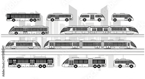 Collection of Public Transportation Vehicles Vector Illustrations.