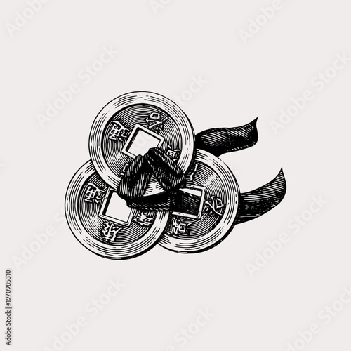 Vintage Chinese Feng Shui Coins with Ribbon Illustration
