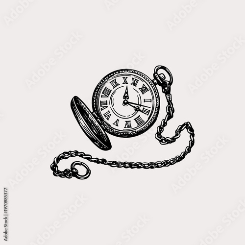 Tableau sur toile Vintage Pocket Watch Illustration with Chain and Roman Numerals