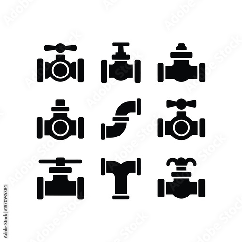 A set of black and white icons depicting various valves