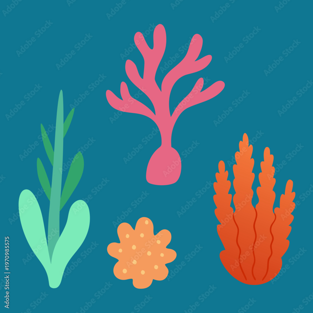 Fototapeta premium Colorful Coral Reef Elements, Oceanic Seaweed Illustrations, Marine Life Icons, Vector Graphic Set