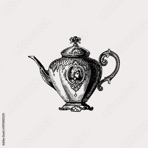 Ornate Vintage Teapot Illustration with Classical Portrait Medallion
