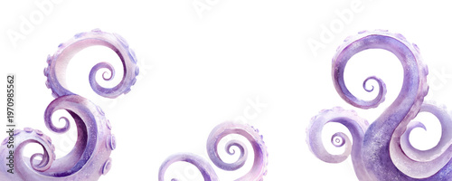 Purple octopus tentacles with suckers swirling in a unique pattern, creating an underwater fantasy creature design, isolated on a white background for marine life concepts