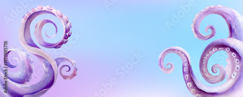 Octopus tentacles with suckers emerging from the frame, creating abstract shapes and a vibrant purple underwater fantasy world with clear blue water background