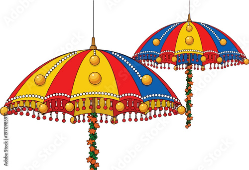Traditional Indian decorative umbrellas with tassels, colorful Rajasthani wedding parasols vector, ethnic festive hanging decorations for Diwali