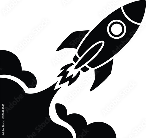 Rocket ship launching with smoke trails in a silhouette style