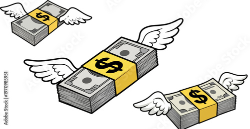 Flying money with wings vector illustration, stacks of cash bills with dollar signs, financial loss and spending concept art on white background