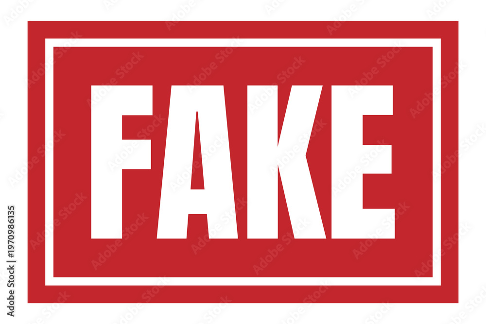 Fototapeta premium Fake red rubber stamp icon. Rectangular sign for counterfeit alert, false document, fraud warning, scam identification, artificial banner.