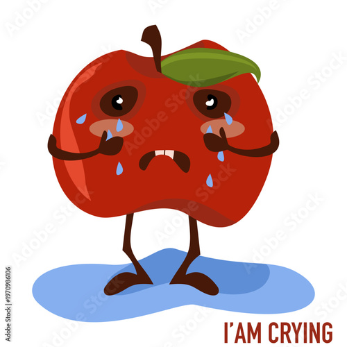 Sad Crying Red Apple Character with Tears Illustration