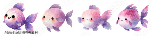 Four cute watercolor fish characters swimming, creating a charming underwater scene for children's designs, playful backdrops, and aquatic themed illustrations