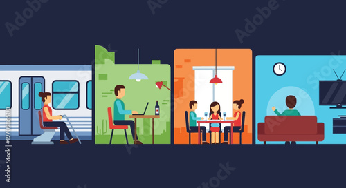 Colorful commuter scene inside a subway car with passengers seated and standing.