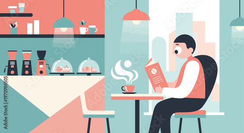 Relaxed adult patron enjoying a cafe interior with coffee, pastries, and a tablet in a modern urban setting.