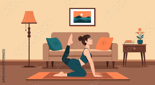 Person practicing yoga at home on a mat in a cozy living room scene with furniture and warm lighting.