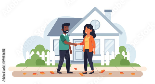 Two People Shake Hands in Front of a House Symbolizing Real Estate Purchase and Home Ownership.
