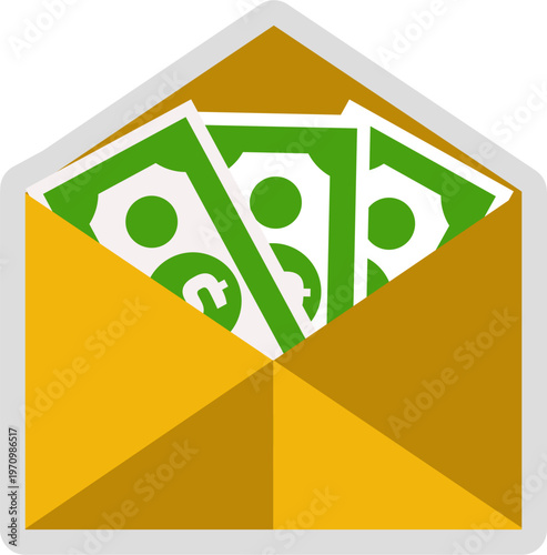 Vibrant illustration of green banknotes neatly tucked inside a bright yellow envelope, representing financial transactions, secure payment delivery, a cash bonus, or receiving income