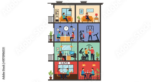 Cross section of a colorful multi story building filled with people.