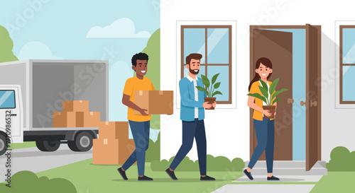 House Moving Day With Delivery Workers Carrying Boxes Into a Home Entrance.