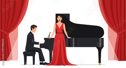 Elegant piano and vocal duet on stage beneath dramatic red curtains, featuring a pianist and a singer in formal attire.