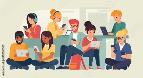 Group of diverse students studying together in a bright classroom setting, collaborating and focusing on learning activities.