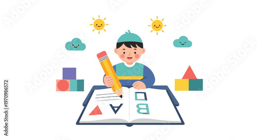 A cute cartoon boy wearing a blue cap sits happily writing in an open workbook with a giant pencil, surrounded by blocks, suns, and clouds.