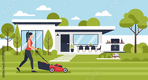 Modern suburban house with manicured lawn and a person mowing the yard outdoors.