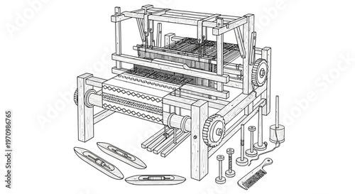 Traditional handloom weaving setup with shuttle, heddles, and fabric in progress.