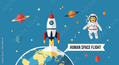 Illustration of human space flight with rocket, astronaut and Earth in a colorful space scene.