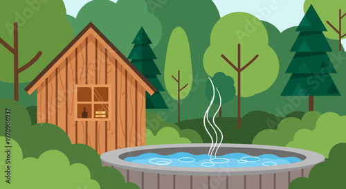 Tranquil forest cabin beside a steaming round hot tub in a lush woodland landscape.