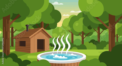 Cozy forest retreat with cabin and steaming hot tub in lush greenery.