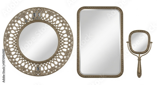 Collection of Ornate Mirrors - Round, Rectangular, and Handheld.