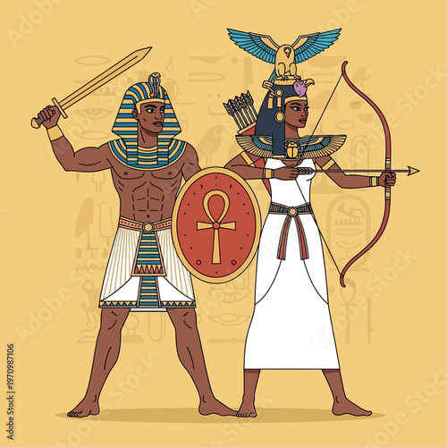 Ancient Egyptian Warriors: Male Pharaoh and Female Archer with Ankh Shield