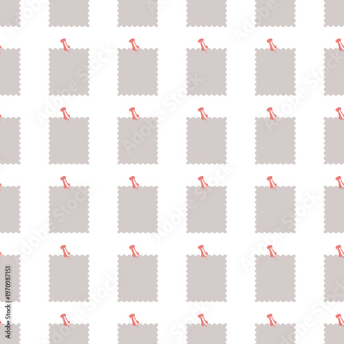 Seamless pattern with paper notes and pink push pins on white background
