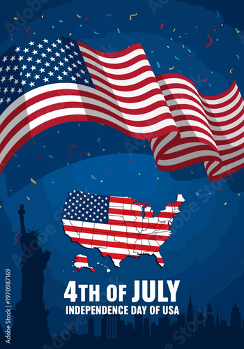 Vibrant 4th of July Independence Day USA Celebration with Waving Flags Map Statue of Liberty and City Skyline