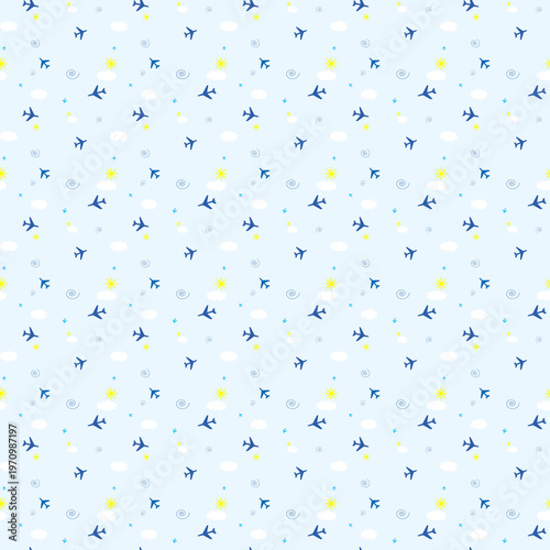Seamless pattern with blue airplanes clouds and sun on light background