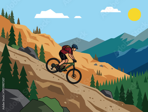 Adventurous cyclist riding a mountain bike downhill on a steep rocky trail surrounded by pine trees and tall mountains under a bright sunny sky for active sports.